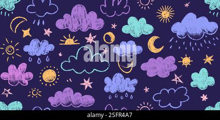 Chalk clouds pattern. Seamless print of hand drawn doodle clouds with rain and snow on chalkboard background. Vector childish weather texture. Stock Vector