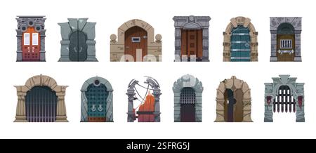 Castle door. Cartoon medieval wooden stone and iron gates for fantasy constructor game, ancient stone brick building castle entrance with lock and han Stock Vector