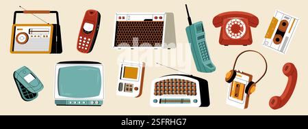 Retro gadgets. Vintage 90s hipster technology stickers, cartoon phone, cassette old analog gadget radio and tv set, electronics devices, cell phone an Stock Vector
