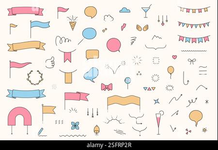 Cute Japanese elements. Decorative sparkles star and heart icons, frames and borders with traditional oriental shapes icons, simple minimalist banners Stock Vector