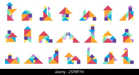 Tangram buildings. Geometric kids puzzle game with colored triangle square and rhombus shapes, creative geometry construction of various elements. Vec Stock Vector
