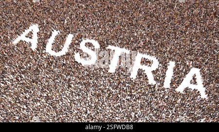 Concept or conceptual large community of people forming the word AUSTRIA. 3d illustration metaphor for culture, history and education, politics, econo Stock Photo