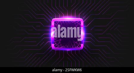 Brightly glowing AI chip on circuit board. Technology background. CPU processor on tech bg. Computer microchip on motherboard. Vector illustration Stock Vector
