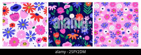 Floral spring pattern. Seamless print of blooming flowers, abstract botanical flower blossom background for wrapping paper fabric textile design. Vect Stock Vector