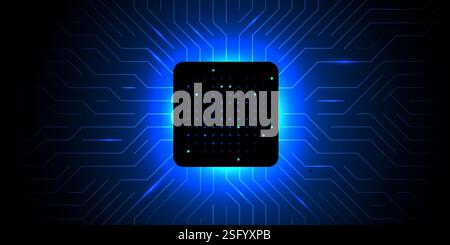 Brightly glowing AI chip on circuit board. Technology background. CPU processor on tech bg. Computer microchip on motherboard. Vector illustration Stock Vector