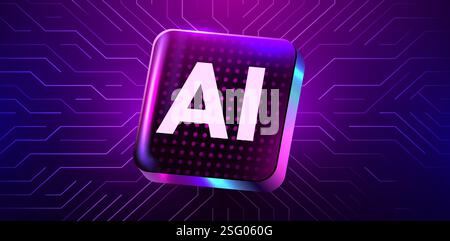 Brightly glowing AI chip on circuit board. Technology background. CPU processor on tech bg. Computer microchip on motherboard. Vector illustration Stock Vector