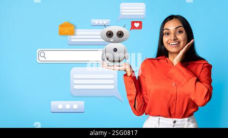 Engaging communication between a woman and a virtual assistant technology Stock Photo