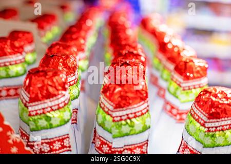 multicolored packaged easter chocolate eggs in a supermarket Stock Photo