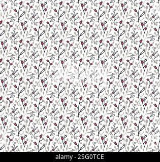 Cute floral seamless pattern. Hand drawn black ink brush stroke, doodle style, scandinavian sketch art design. Random decorative berry branches Stock Vector