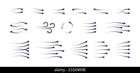 Air arrow. Wind flow. Blue wave effect or cold water light suction. Fresh fan system. Blowing direction. Clean cooling stream. Conditioner breeze graphic icons. Airflow circulation. Vector symbols set Stock Vector
