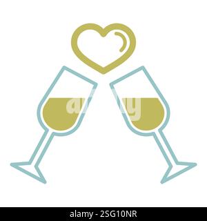 Two champagne glasses couple love drink cheers icon. Valentine day symbol. Vector illustration, romance elements. Sticker, patch, badge, card for marr Stock Vector