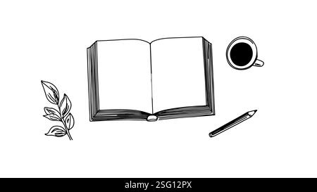 Open book coffee pencil leaves. Sketch simple line art. Perfect education, reading, or study blog. Black white minimalist top view flat lay design Stock Vector
