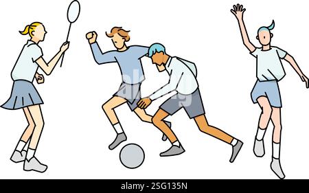 Vector illustration of simple line drawing of people playing sports. Stock Vector