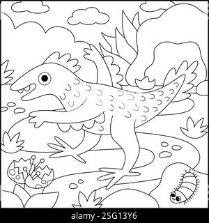 Vector square black and white scene with velociraptor. Dinosaur line landscape illustration. Cute prehistoric coloring page with cave, centipede, flow Stock Vector