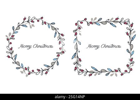 Christmas frames set. Winter holiday wreath, square board. Cute doodle hand drawn illustrations. Branches, leaves, berry drawings. White background Stock Vector