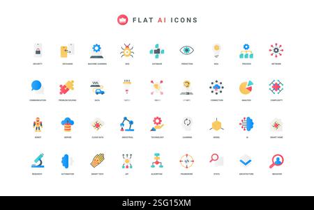 AI services for data analysis and statistics automation, solving problems of science and research color icon set. Neural networks, model for machine learning, robot flat elements vector illustration Stock Vector
