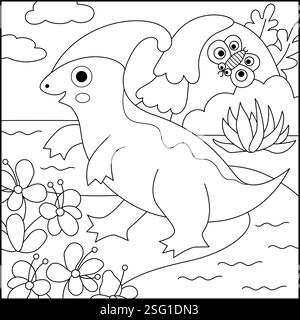 Vector square black and white scene with parasaurolophus. Dinosaur line landscape illustration. Cute prehistoric coloring page with waterfall, river, Stock Vector