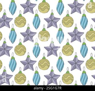 Festive seamless pattern. Geometric shapes of a New Year party decorative balls, colorful elements, holiday ornamental transparent background. Trendy Stock Vector