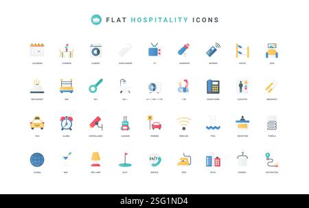 Hotel hospitality and accommodation of tourist, reception services, cleaning color icon set. Room key and bed, gym and car parking, breakfast in restaurant, hostel flat elements vector illustration Stock Vector