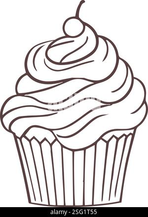 Cute Hand-Drawn Cupcake with Frosting and Cherry. Stock Vector