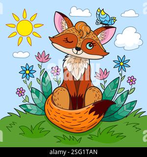 Cute fox sits on a meadow with a butterfly on its ear. Flat design. For children's design of prints, posters, cards, stickers, puzzles, etc. Vector il Stock Vector