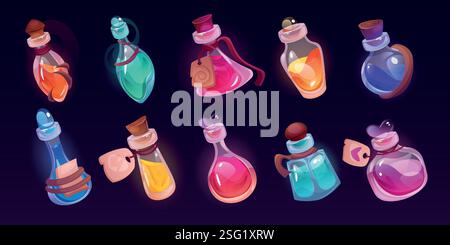 Potion bottle. Magic elixir, poison in vial or medicine jar, witch pot. Spell glass, colorful liquid. Egyptian game asset. Ui alchemist fantasy icons. Glowing isolated elements. Vector cartoon set Stock Vector