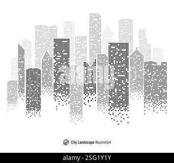 Building background. Abstract city skyline. Silhouette skyscrapers. Downtown windows. Monochrome real estate. Outline business cityscape. Halftone geometric pixel texture. Vector banner graphic design Stock Vector