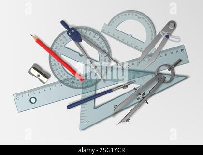Architecture tools. Architect drafting stationery top view. Interior or engineer drawing on paper. Realistic math protractor. Rulers and compass. Measuring length meter. Vector school accessories set Stock Vector