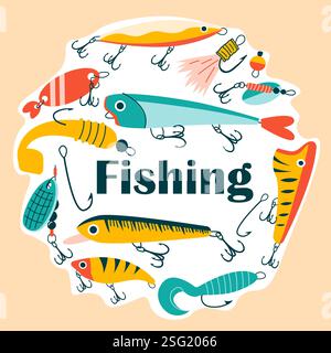 Fishing emblem. Different colorful fishes with hooks needles in round form, fisher accessories and tools, fishermen equipment. Logo and label for shop. Vector cartoon flat style isolated illustration Stock Vector