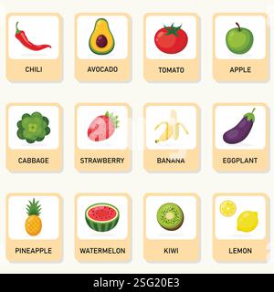 Stickers with fruits and vegetables. Teaching cards. Vector illustration. Stock Vector