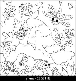 Vector black and white square scene with ancient insects. Dinosaur period line landscape illustration. Cute prehistoric coloring page with maganevra, Stock Vector