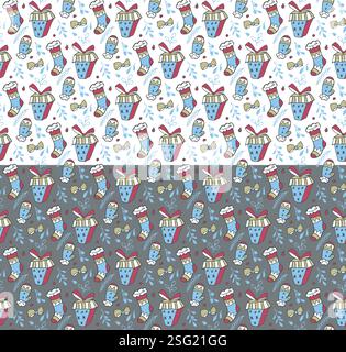 Christmas holiday party seamless pattern. Cute colorful cartoon style decorative illustration, gift box, ribbons, festive socks, mittens, berry, plant Stock Vector