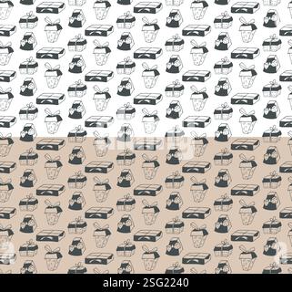 Holiday presents seamless pattern. Hand drawn brush stroke sketch style illustration, doodle gift boxes with ribbons. Black and white colors Stock Vector