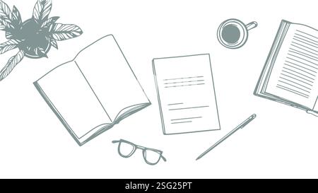 Flat lay study workspace illustration. Books with glasses, coffee cup . Education working business concept vector illustration Stock Vector