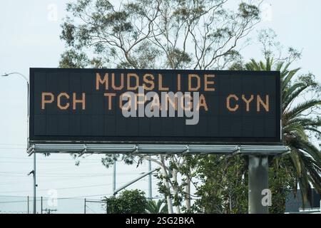 Mudslide on PCH and Topanga Canyon highway warning sign in Los Angeles California. Stock Photo