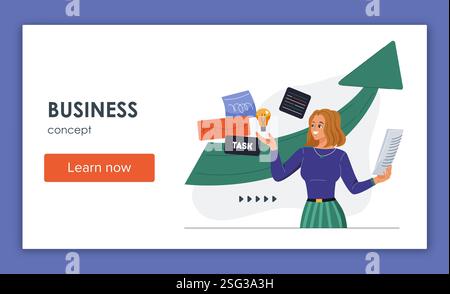 Business landing page. Businesswoman with lightbulb and tasks. Organizing efficient work process and time management. Business development, corporate Stock Vector