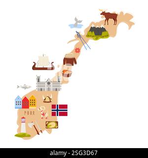 Travel to Norway set, culture elements and landmarks, food in infographic map. Nidaros Cathedral and Urnes Stave Church, Bergen traditional houses, Norwegian flag, elk cartoon vector illustration Stock Vector