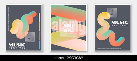 Music posters set. Abstract gradient patterns and ornaments. Green and red soundwaves. Template for advertising flyers and booklets. Flat vector Stock Vector