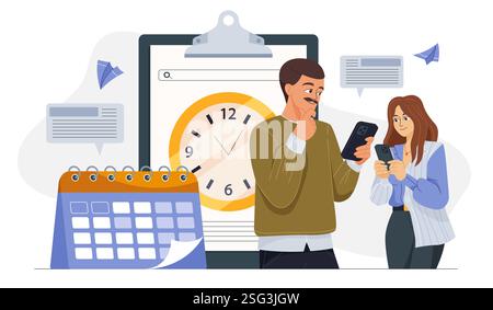 People planning concept. Woman and man with smartphone near clocks and calendar. Time management and scheduling, organizing effective work process Stock Vector