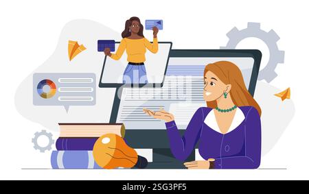 Task distribution concept. Woman organizes her work process online. Delegation of responsibilities, setting goals, objectives and deadlines. Business Stock Vector