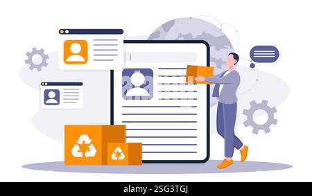 Volunteer online concept. Man with cardboard boxes near documents. Charity, generosity and kindness. Charitable organization worker. Nonprofit company Stock Vector