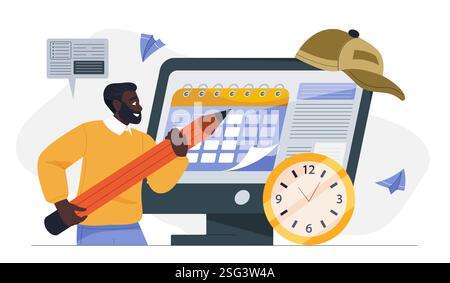 Man planning week. Young guy with pencil near calendar and clock. Time management and organization of efficient work process. Planning and scheduling Stock Vector