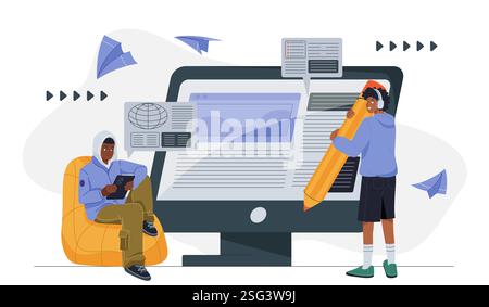 Website prototyping concept. Man and woman with pencil developing graphic elements for webpage. UI and UX design. Graphic designers and digital Stock Vector
