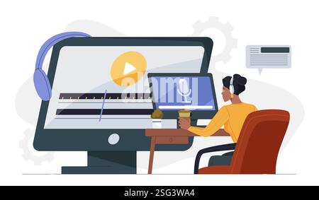 Woman radio presenter. Young woman wearing headphones with microphone sits at computer. Radio presenter on air. Broadcasting and podcasting, streaming Stock Vector