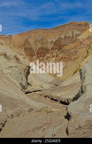 Multi colored mineral strata paint walls of Golden Canyon in Death Valley National Park Stock Photo