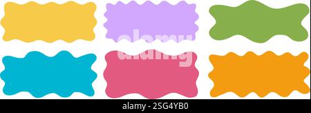 Cute doodle wavy rectangular shapes. Colorful abstract psychedelic forms. Speech bubbles, tags, boxes or labels templates isolated on white background. Vector flat illustration. Stock Vector