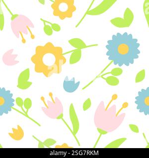 Flat seamless floral pattern with soft pastel flowers, leaves, and buds on a white background. Vector for packaging, textiles, and spring themes, easter Stock Vector