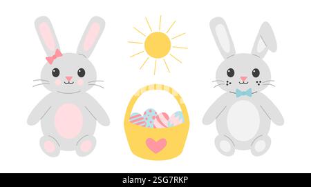 Flat cartoon illustration of two Easter bunnies with a basket of decorated eggs under the sun. The left bunny has a pink bow, and the right one has a blue bowtie Stock Vector