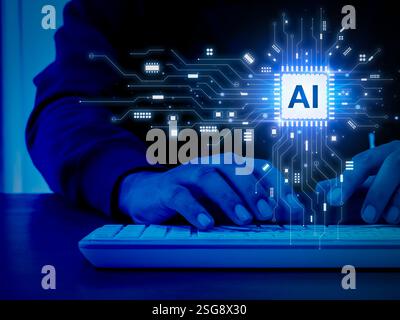 AI generated, futuristic technology. AI chip showing while businessman hands while using computer, blue tone. Artificial intelligence service tools, a Stock Photo