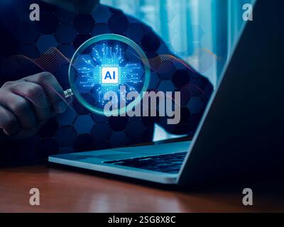 AI searching tools, development and management technology assistance service concept. AI chip with circuit glowing in magnifying lens on virtual cyber Stock Photo